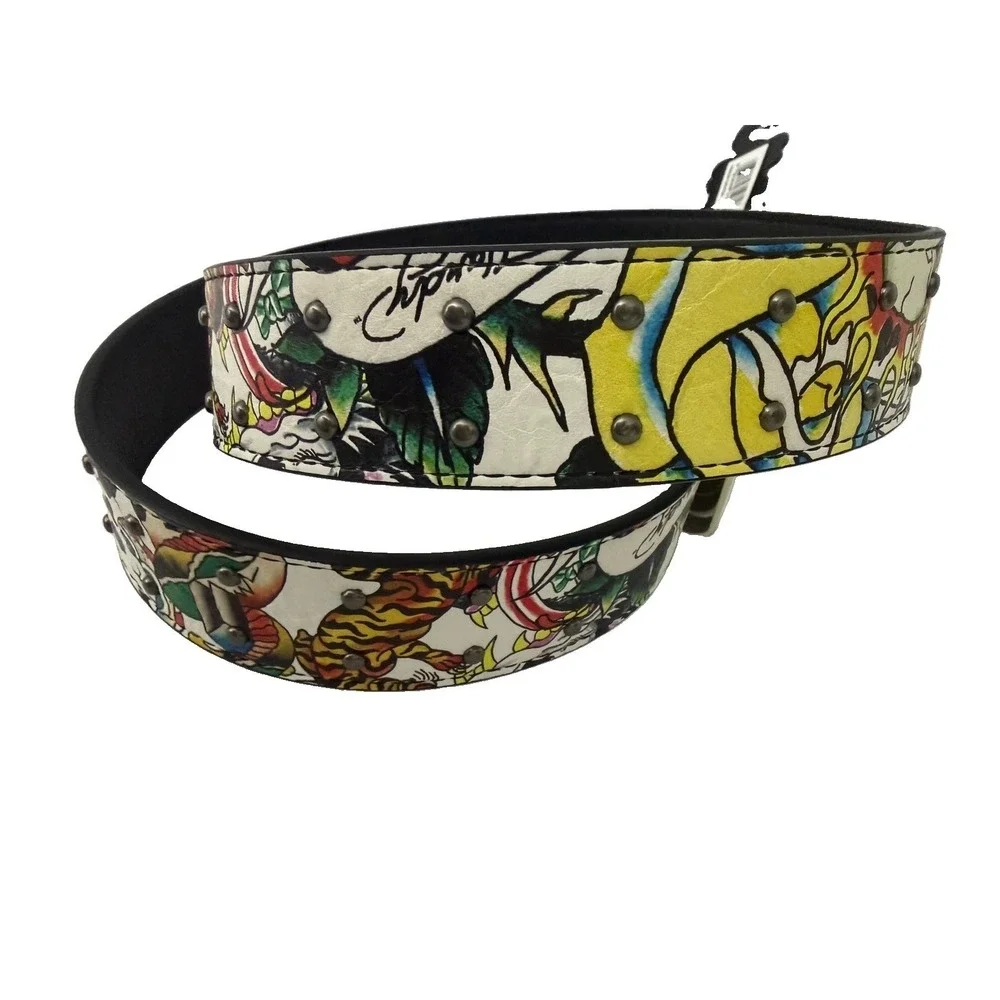 Ed Hardy Men's Skull Tiger Panther Print Belt With Hammered Rivet Studs SZ 40 NW